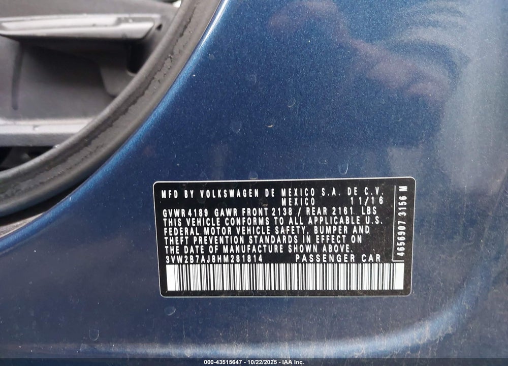 2017 VOLKSWAGEN JETTA VIN: 3VW2B7AJ8HM281814