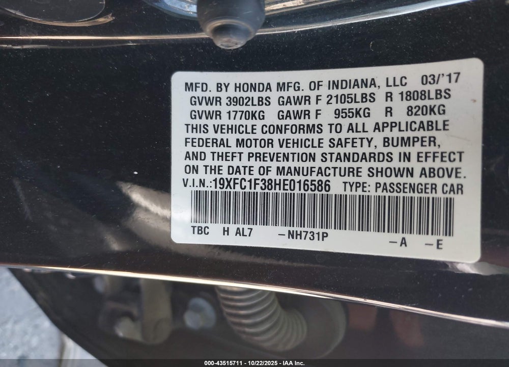 2017 HONDA CIVIC VIN: 19XFC1F38HE016586