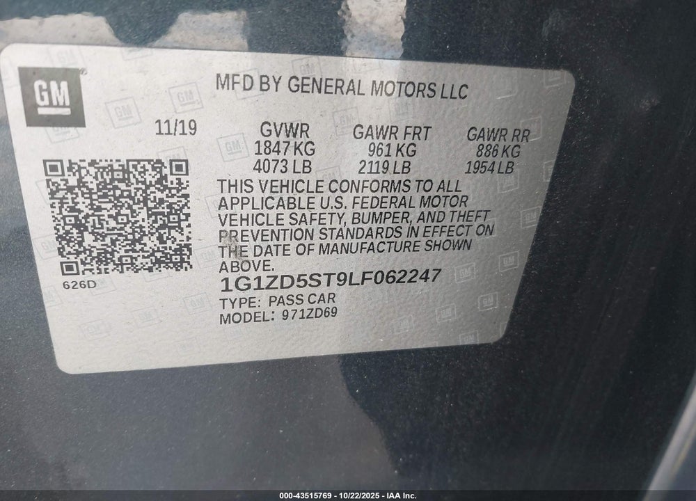 2020 CHEVROLET MALIBU FWD LT VIN: 1G1ZD5ST9LF062247