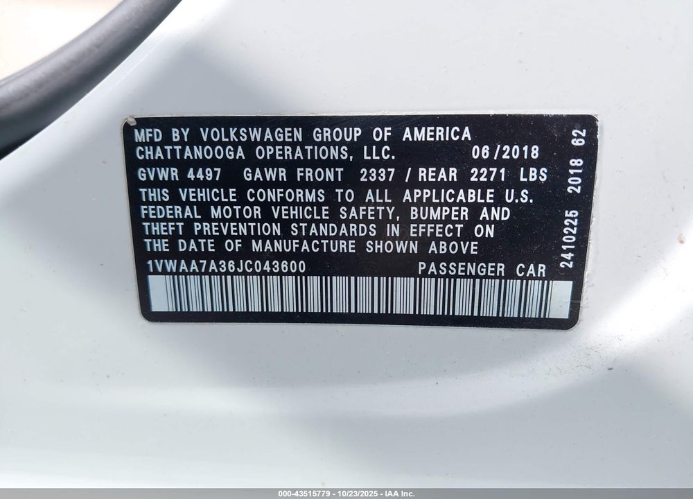 2018 VOLKSWAGEN PASSAT 2.0T R-LINE/2.0T S VIN: 1VWAA7A36JC043600