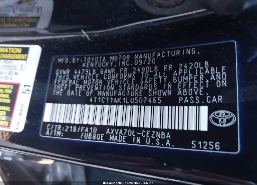 2020 TOYOTA CAMRY LE VIN: 4T1C11AK1LU507465