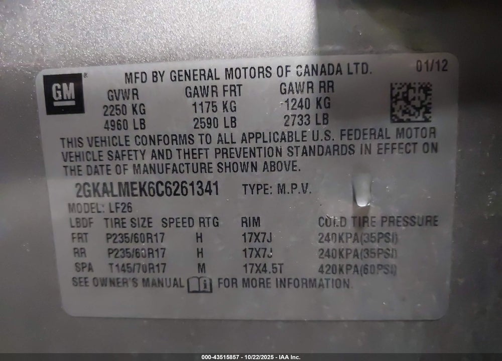 2012 GMC TERRAIN SLE-1 VIN: 2GKALMEK6C6261341