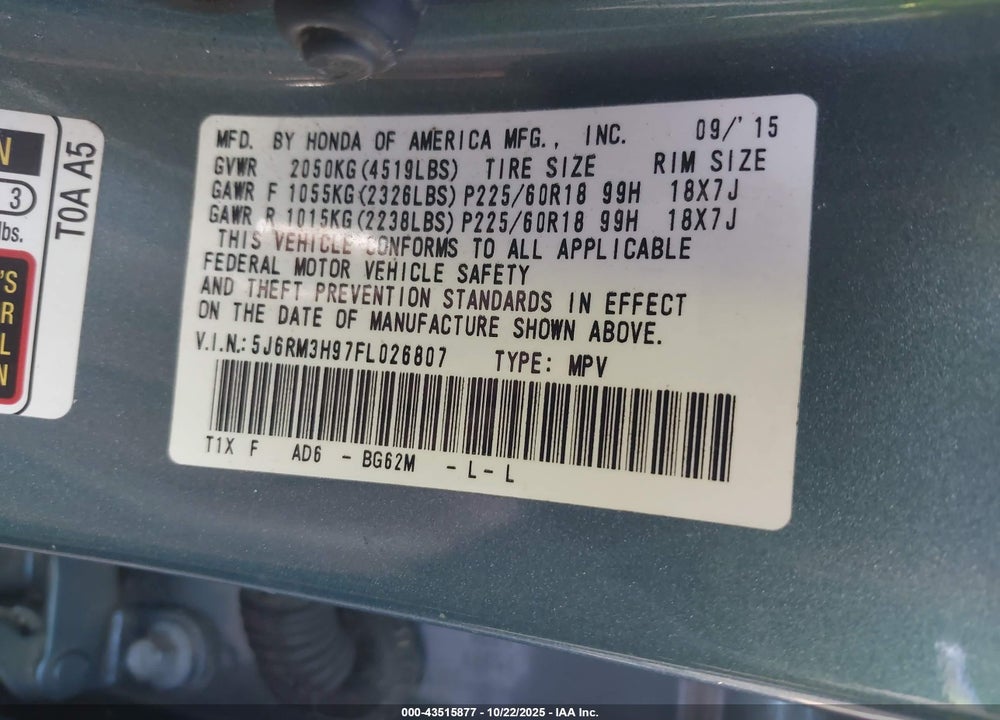 2015 HONDA CR-V TOURING VIN: 5J6RM3H97FL026807