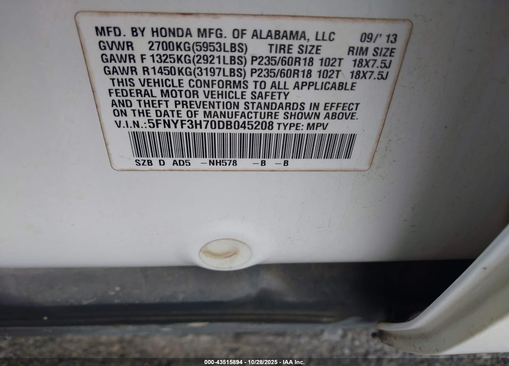 2013 HONDA PILOT EX-L VIN: 5FNYF3H70DB045208