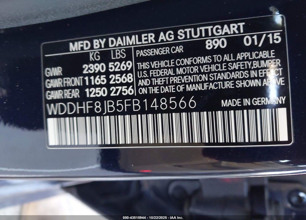 2015 MERCEDES-BENZ E 350 4MATIC VIN: WDDHF8JB5FB148566
