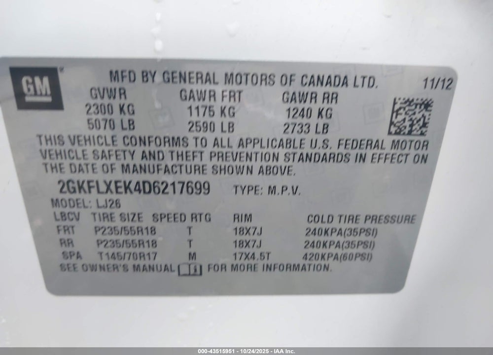 2013 GMC TERRAIN VIN: 2GKFLXEK4D6217699