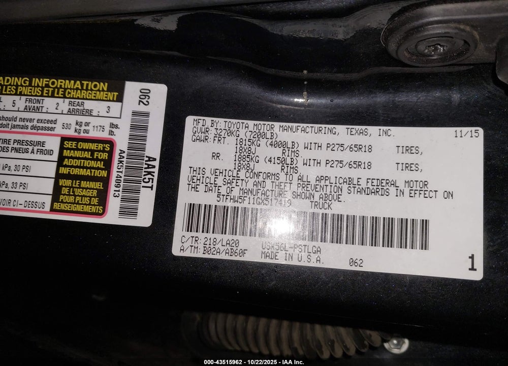 2016 TOYOTA TUNDRA LIMITED 5.7L V8 VIN: 5TFHW5F11GX517419