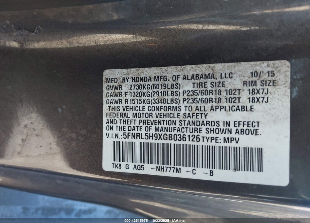 2016 HONDA ODYSSEY TOURING/TOURING ELITE VIN: 5FNRL5H9XGB036126