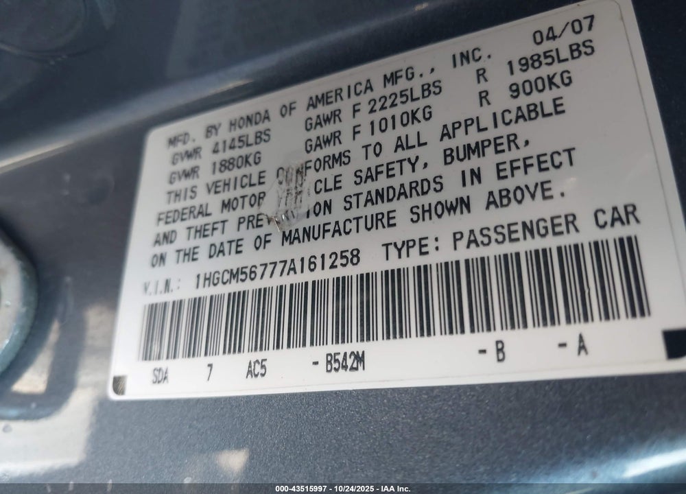 2007 HONDA ACCORD VIN: 1HGCM56777A161258