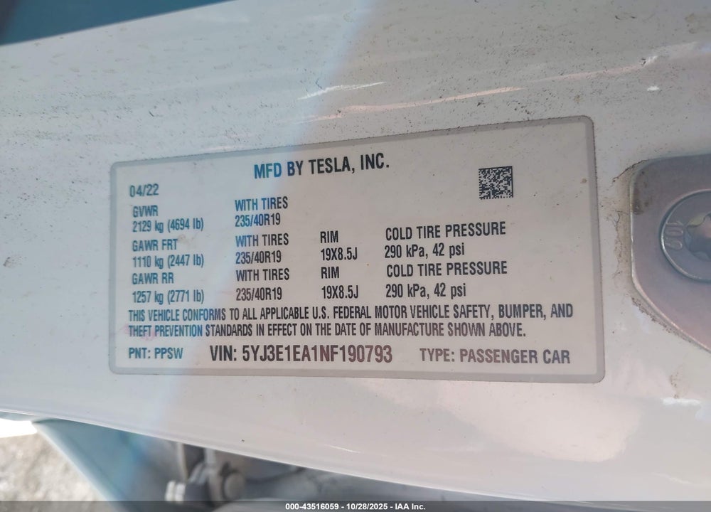 2022 TESLA MODEL 3 REAR-WHEEL DRIVE VIN: 5YJ3E1EA1NF190793