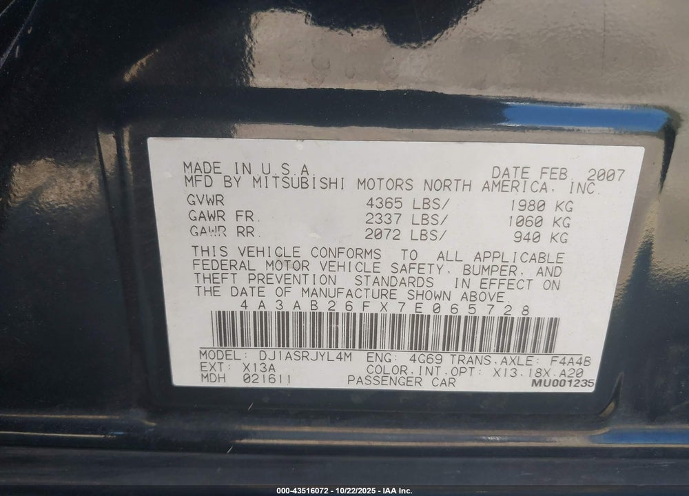 2007 MITSUBISHI GALANT VIN: 4A3AB26FX7E065728