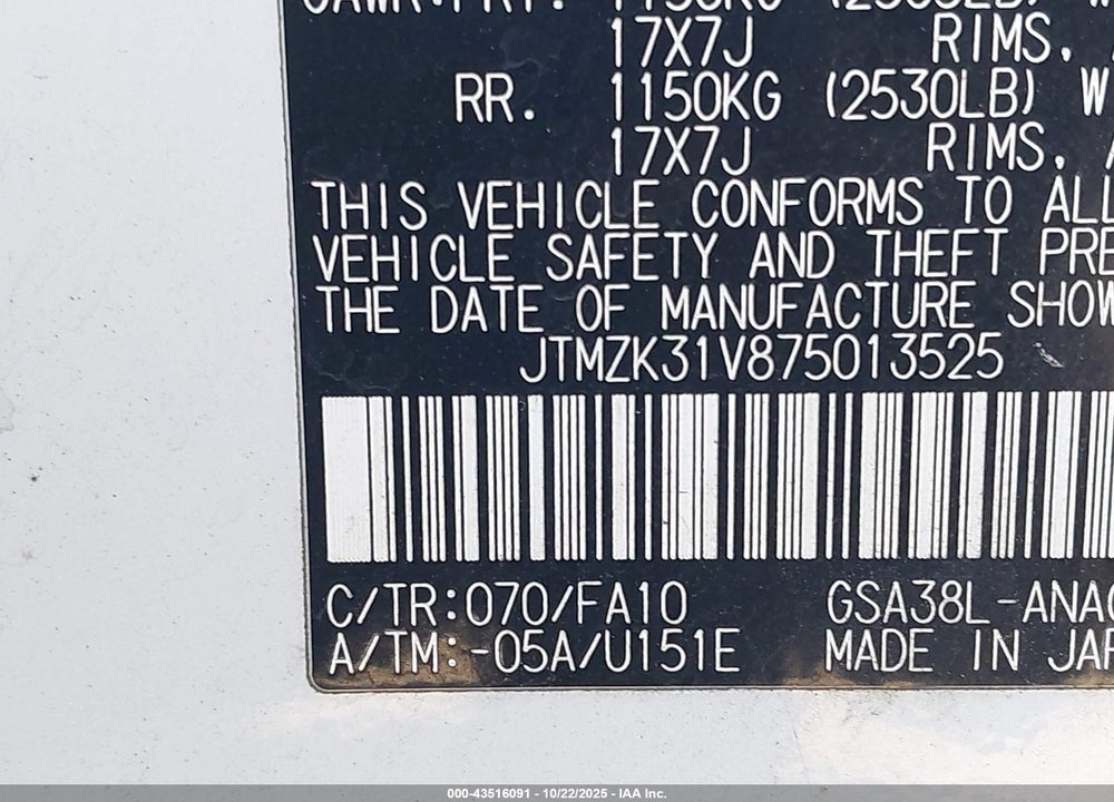 2007 TOYOTA RAV4 VIN: JTMZK31V875013525