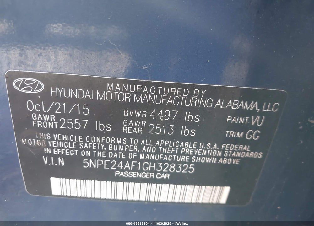 2016 HYUNDAI SONATA SE VIN: 5NPE24AF1GH328325