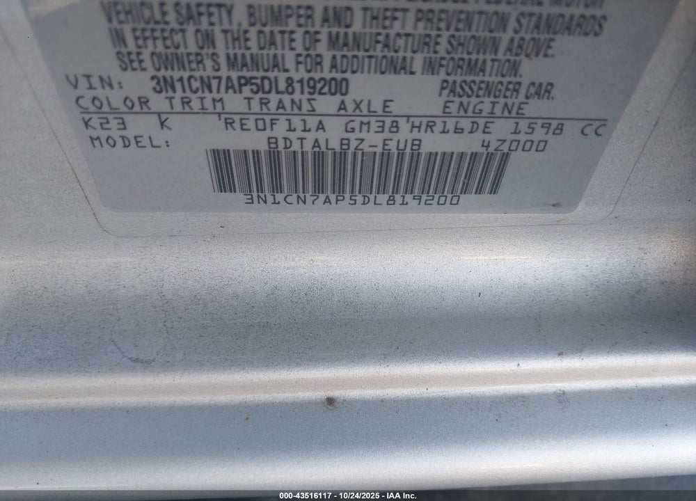 2013 NISSAN VERSA 1.6 SV VIN: 3N1CN7AP5DL819200