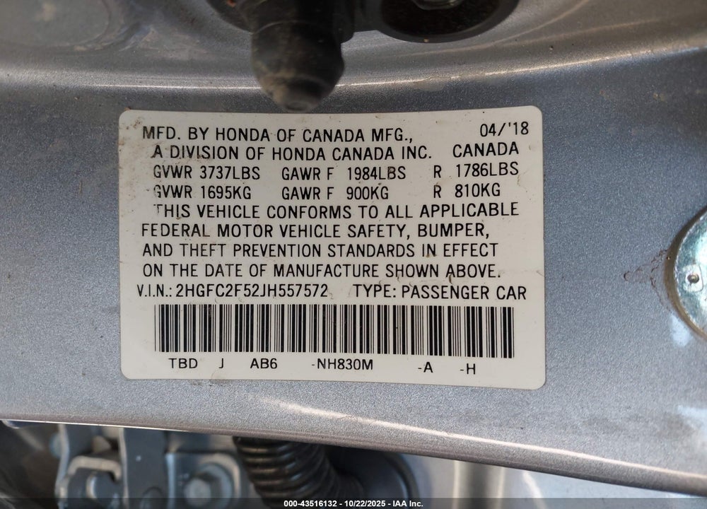 2018 HONDA CIVIC VIN: 2HGFC2F52JH557572