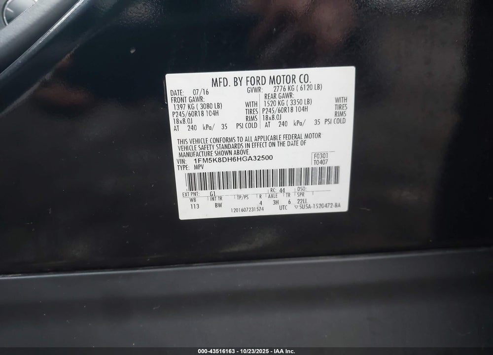 2017 FORD EXPLORER VIN: 1FM5K8DH6HGA32500