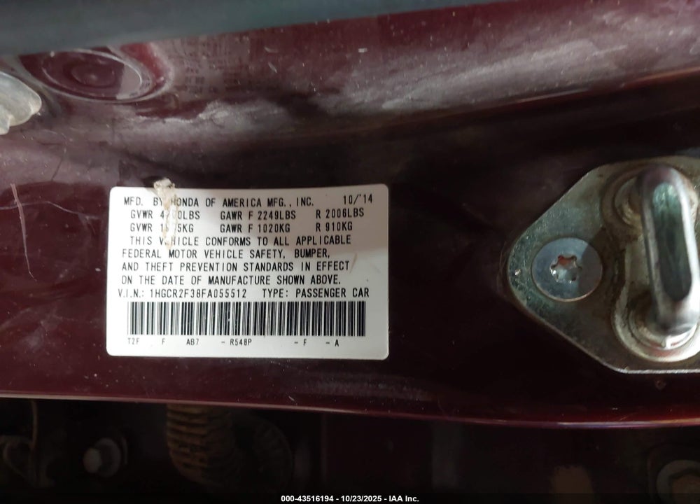 2015 HONDA ACCORD VIN: 1HGCR2F38FA055512