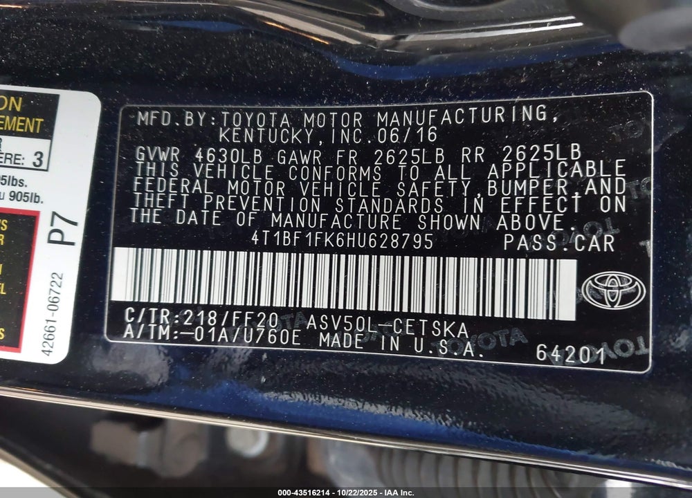 2017 TOYOTA CAMRY SE VIN: 4T1BF1FK6HU628795