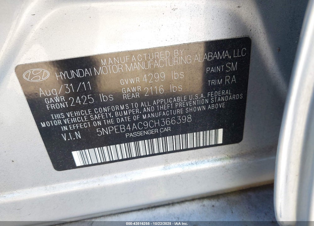 2012 HYUNDAI SONATA VIN: 5NPEB4AC9CH366398