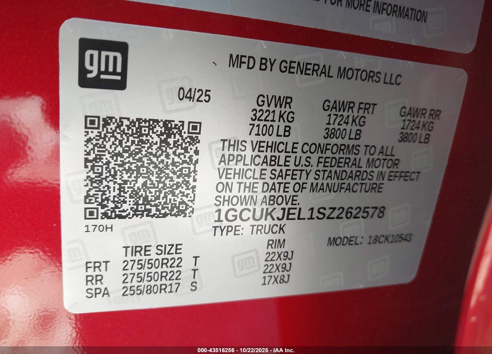 2025 CHEVROLET SILVERADO 1500 VIN: 1GCUKJEL1SZ262578