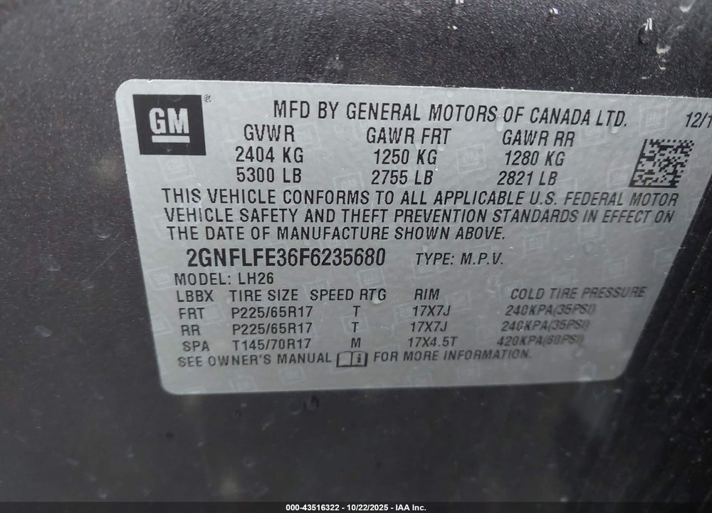 2015 CHEVROLET EQUINOX 1LT VIN: 2GNFLFE36F6235680