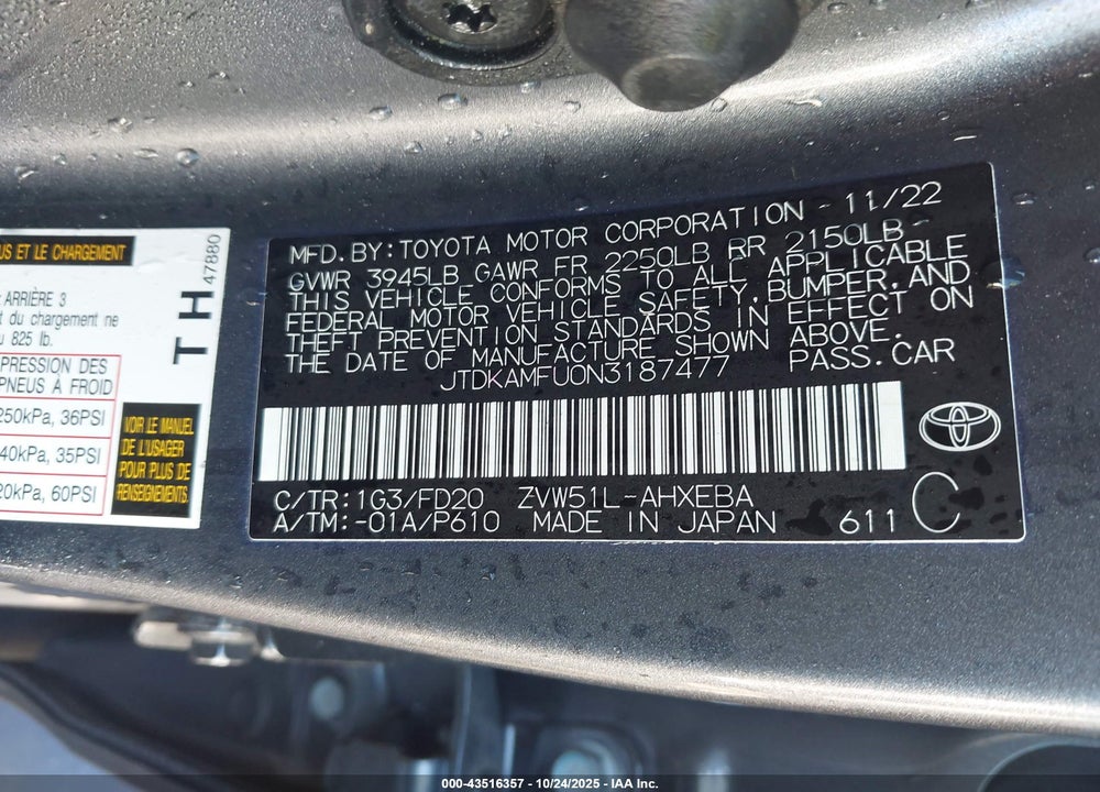 2022 TOYOTA PRIUS VIN: JTDKAMFU0N3187477