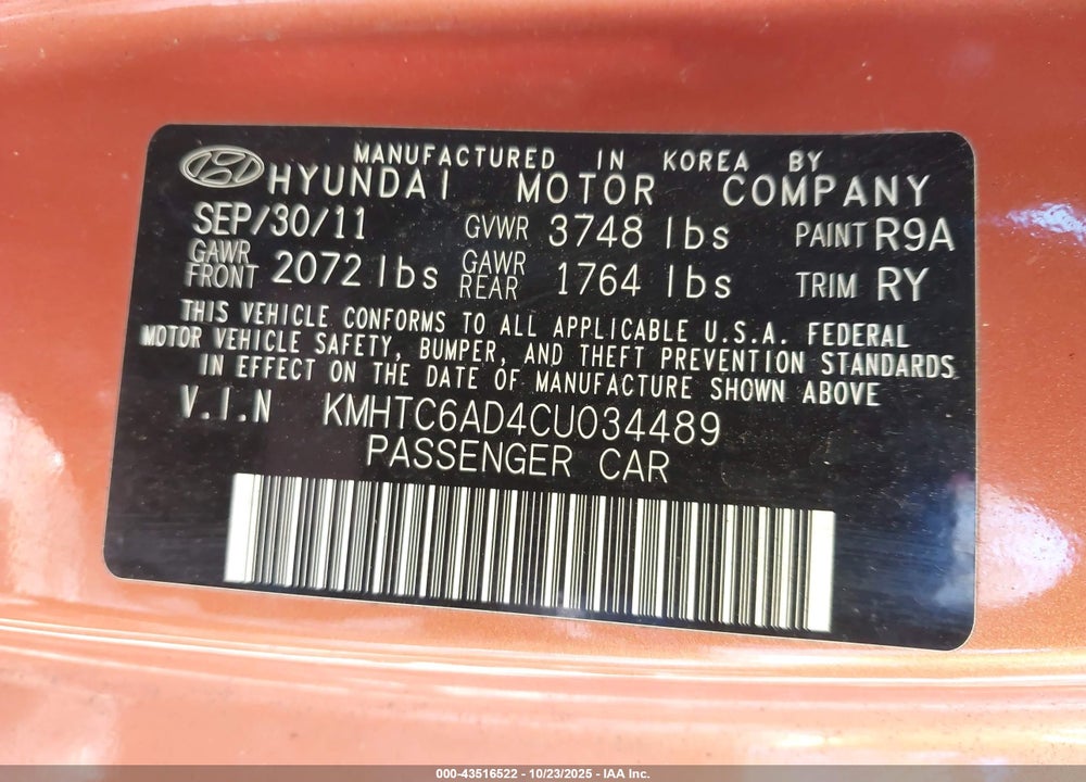 2012 HYUNDAI VELOSTER BASE W/BLACK VIN: KMHTC6AD4CU034489