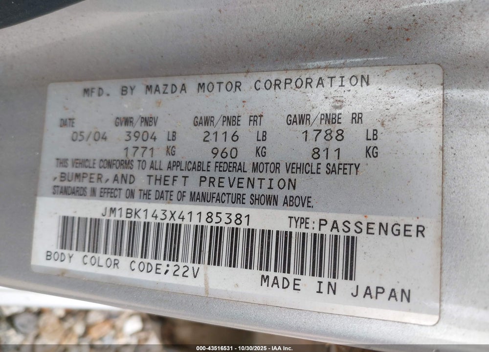 2004 MAZDA MAZDA3 VIN: JM1BK143X41185381
