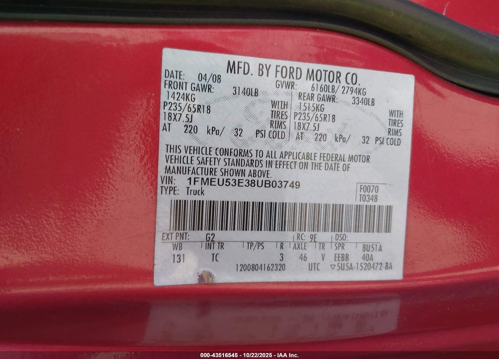 2008 FORD EXPLORER SPORT TRAC VIN: 1FMEU53E38UB03749