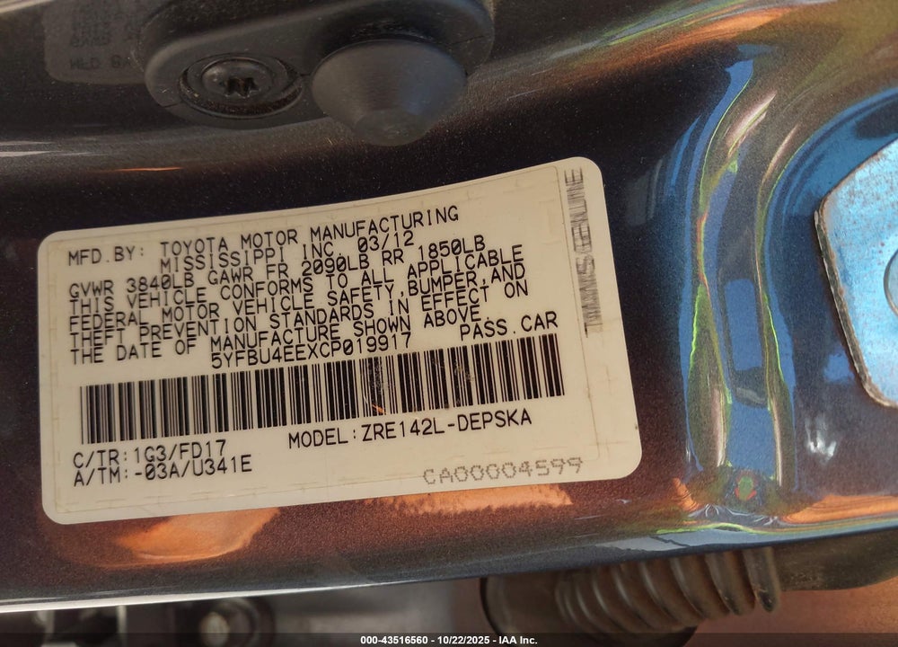 2012 TOYOTA COROLLA S VIN: 5YFBU4EEXCP019917