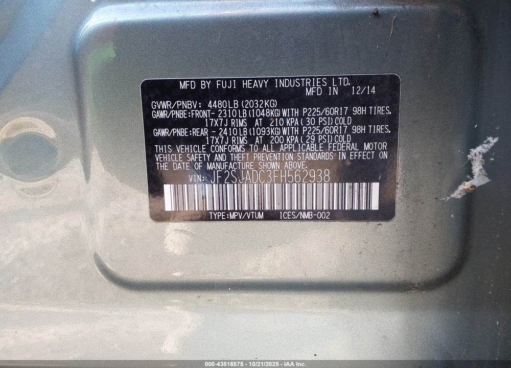 2015 SUBARU FORESTER 2.5I PREMIUM VIN: JF2SJADC3FH562938