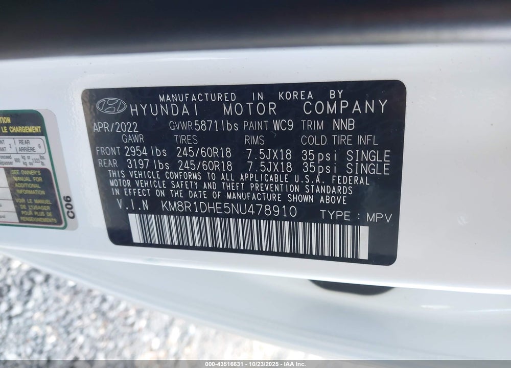 2022 HYUNDAI PALISADE SE VIN: KM8R1DHE5NU478910