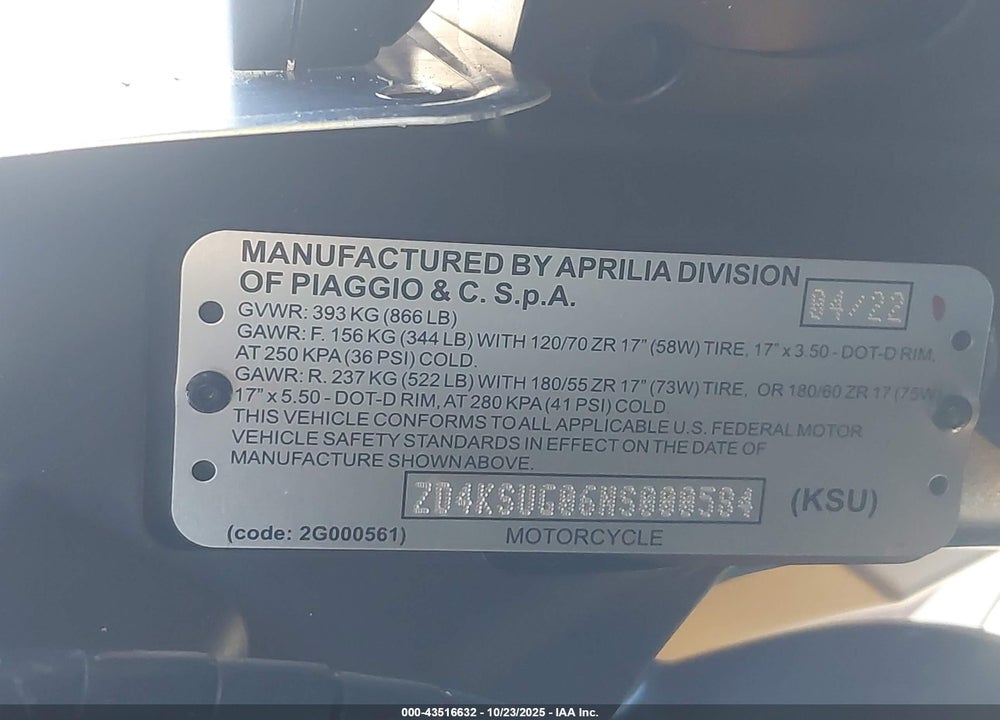 2022 APRILIA RS 660 VIN: ZD4KSUG06NS000584
