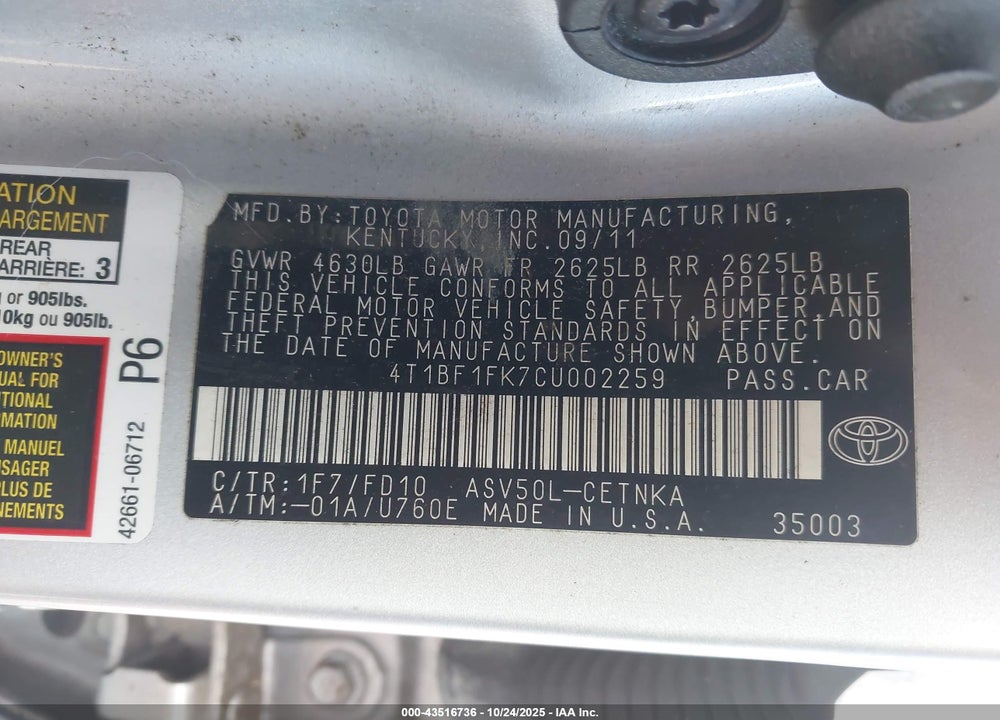 2012 TOYOTA CAMRY LE VIN: 4T1BF1FK7CU002259