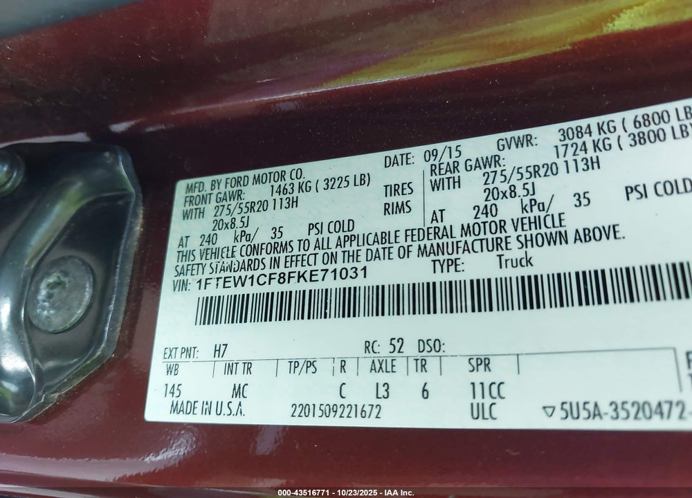 2015 FORD F-150 XLT VIN: 1FTEW1CF8FKE71031