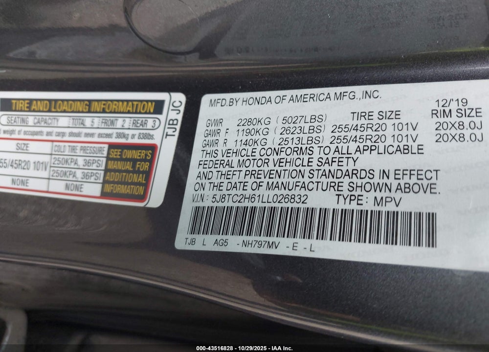 2020 ACURA RDX A-SPEC PACKAGE VIN: 5J8TC2H61LL026832
