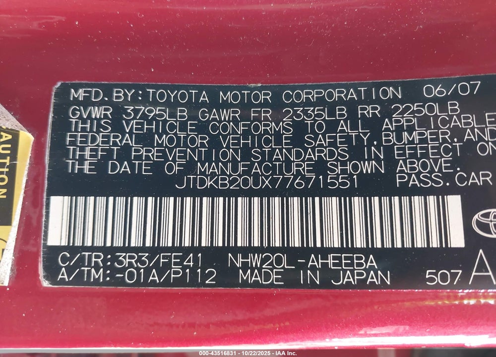 2007 TOYOTA PRIUS VIN: JTDKB20UX77671551