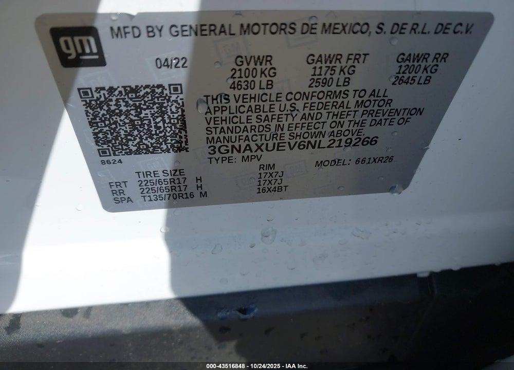 2022 CHEVROLET EQUINOX AWD LT VIN: 3GNAXUEV6NL219266