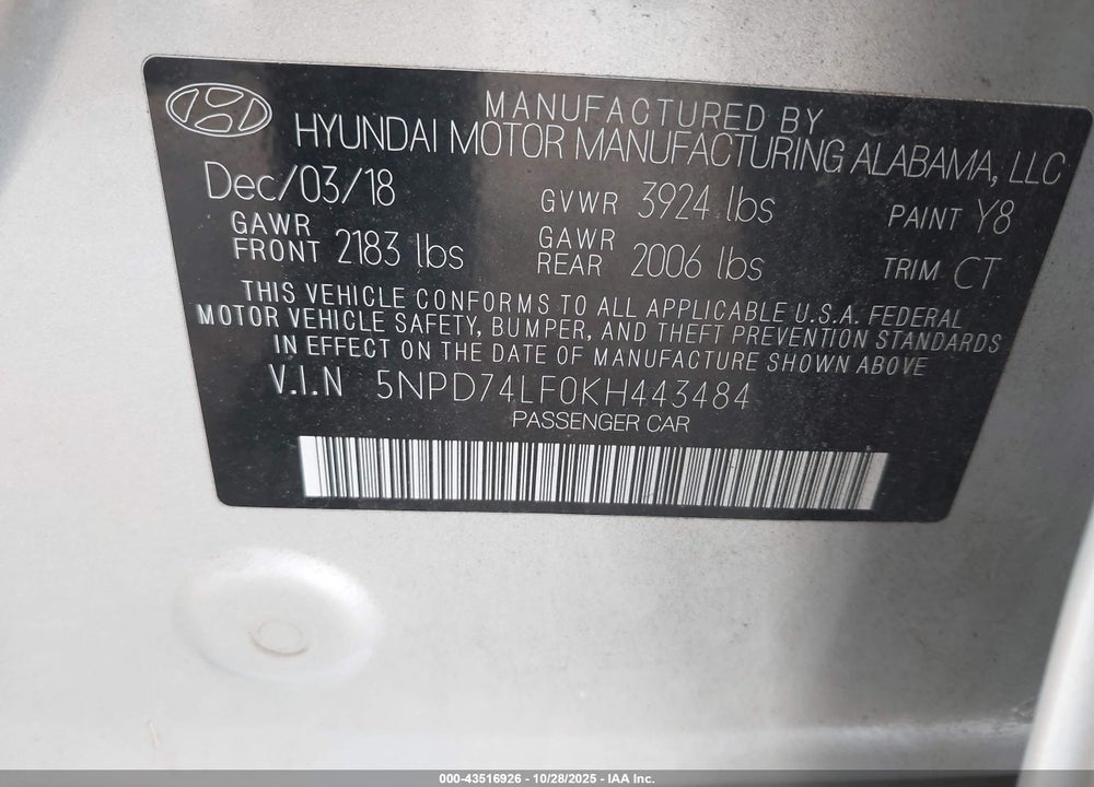 2019 HYUNDAI ELANTRA VIN: 5NPD74LF0KH443484