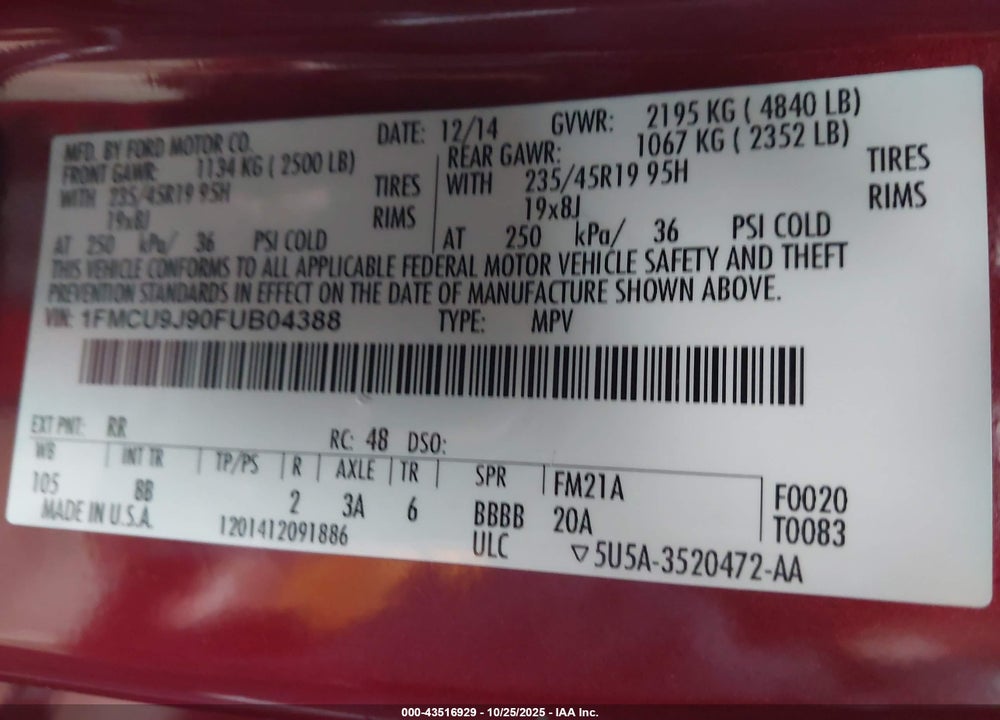 2015 FORD ESCAPE TITANIUM VIN: 1FMCU9J90FUB04388