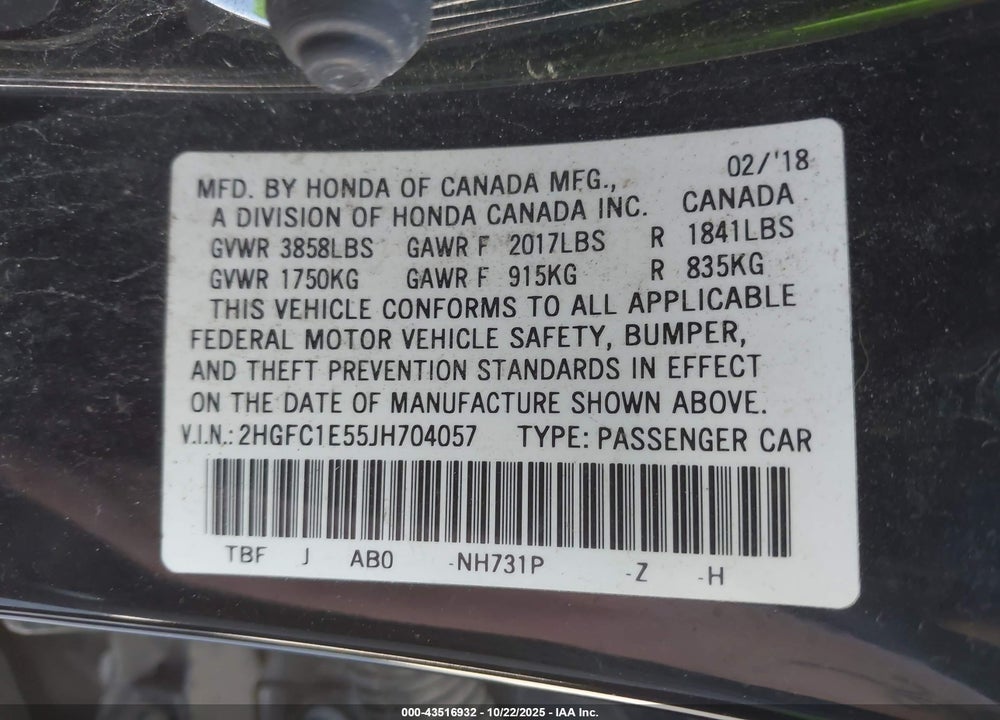 2018 HONDA CIVIC SI VIN: 2HGFC1E55JH704057