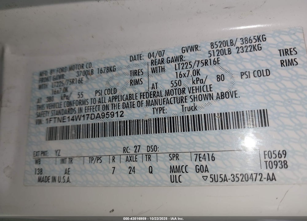 2007 FORD E-150 COMMERCIAL/RECREATIONAL VIN: 1FTNE14W17DA95912