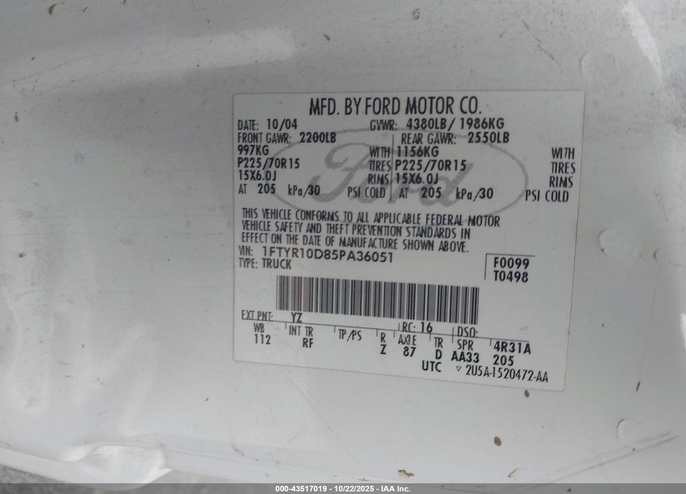 2005 FORD RANGER VIN: 1FTYR10D85PA36051