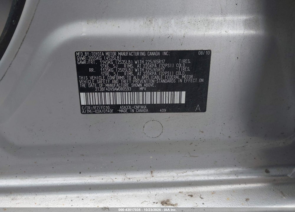 2010 TOYOTA RAV4 VIN: 2T3BF4DV9AW080593