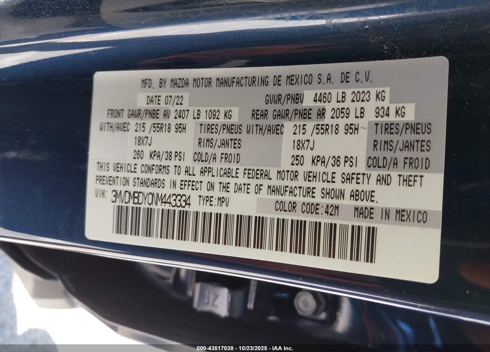 2022 MAZDA CX-30 2.5 TURBO PREMIUM VIN: 3MVDMBDY0NM443334