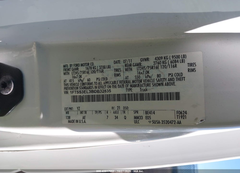 2011 FORD E-350 SUPER DUTY COMMERCIAL VIN: 1FTSS3EL3BDB32835