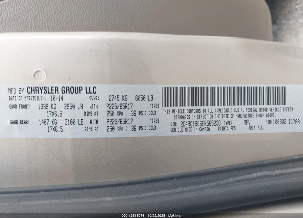 2015 CHRYSLER TOWN & COUNTRY TOURING VIN: 2C4RC1BG6FR565236