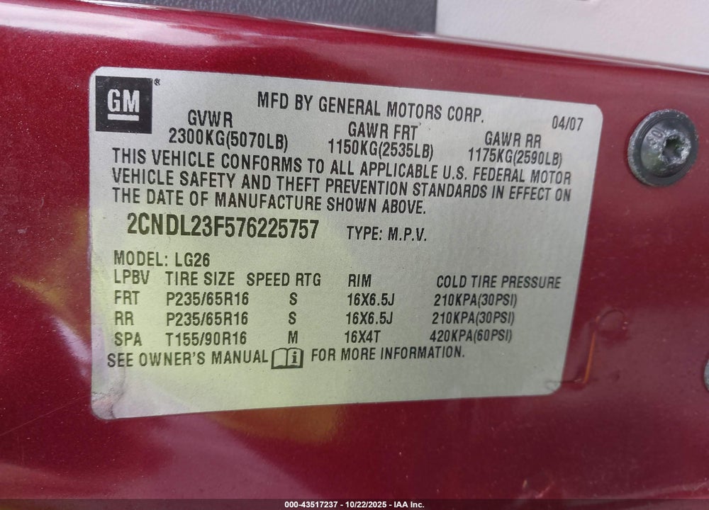 2007 CHEVROLET EQUINOX VIN: 2CNDL23F576225757