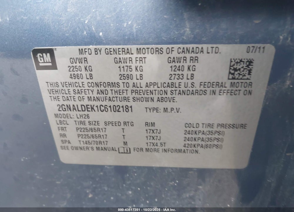 2012 CHEVROLET EQUINOX 1LT VIN: 2GNALDEK1C6102181