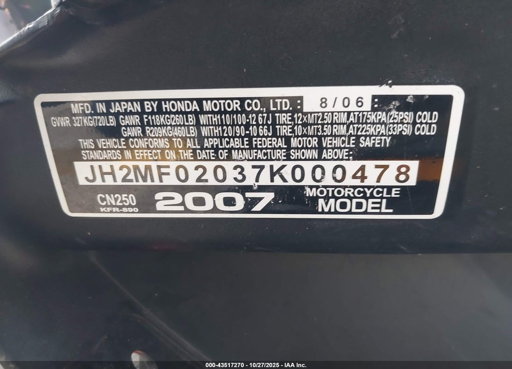 2007 HONDA CN250 VIN: JH2MF02037K000478